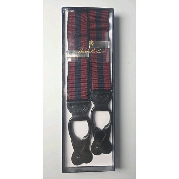 Brooks Brothers Other - BROOKS BROTHERS NEW Striped Navy Maroon Nylon Leather Suspenders Gold Clips XL